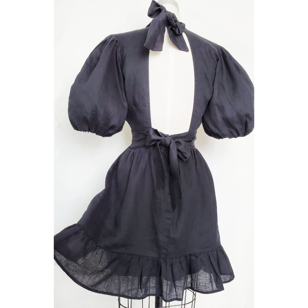 Faithfull The Brand Womens Black Linen Tie Back Dress Balloon Sleeves 6 - Picture 8 of 11